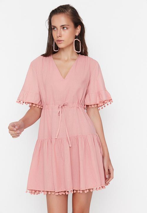 Trendyol - Pom pom trim tie waist dress - pink