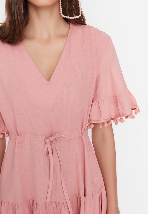 Trendyol - Pom pom trim tie waist dress - pink
