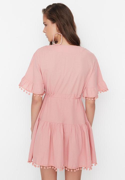 Trendyol - Pom pom trim tie waist dress - pink