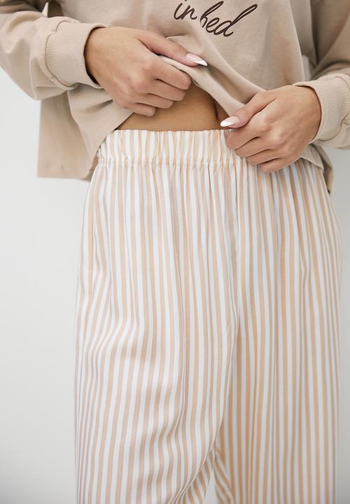 Blake - Placement print top/printed trouser sleep set - tan & stripe
