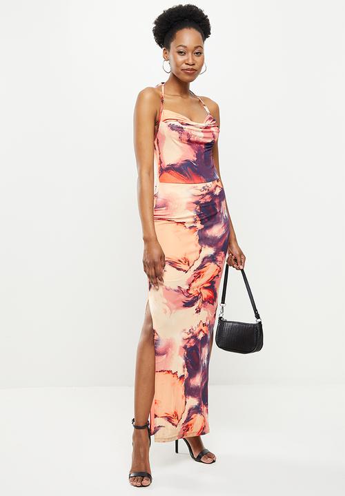 SISSY BOY - Printed maxi cowl dress - peach & purple