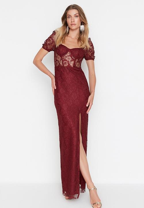 Trendyol - Lace bodice puff sleeve dress - burgundy