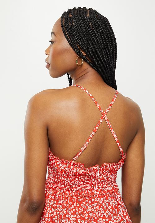 dailyfriday - Cross back flared mini dress - red based floral