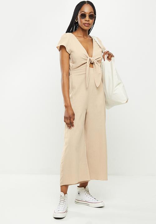 dailyfriday - Tie front wide leg jumpsuit - natural