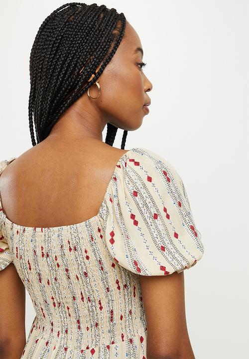 dailyfriday - Puff sleeve midi dress - natural print