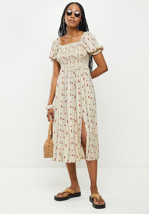dailyfriday - Puff sleeve midi dress - natural print