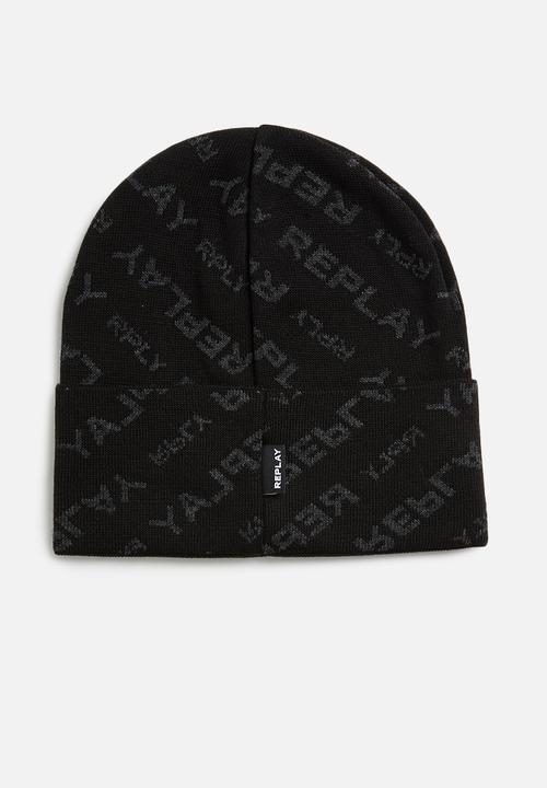 Replay - Ribbed printed beanie - black