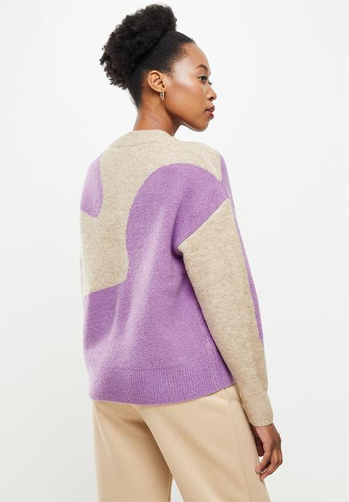 Jacqueline de Yong - Morena long sleeve jacqaurd pullover - orchid mist & sand 