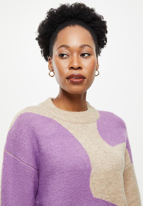 Jacqueline de Yong - Morena long sleeve jacqaurd pullover - orchid mist & sand 