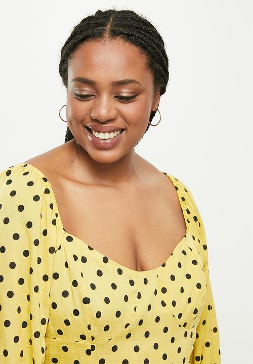 Me&B - Plus spot bodice tea dress - yellow & black