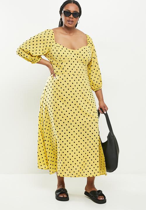 Me&B - Plus spot bodice tea dress - yellow & black