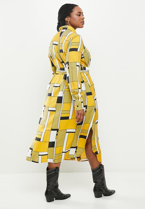 Me&B - Plus belted linen blend dress - mustard & black