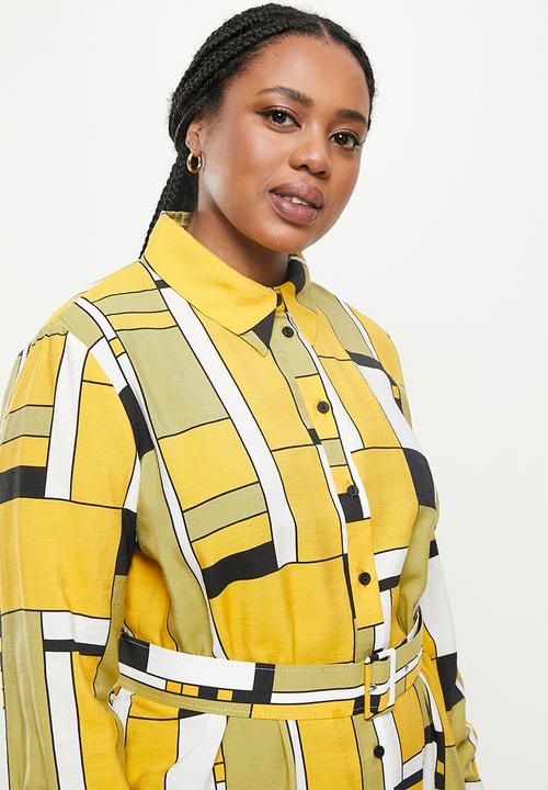 Me&B - Plus belted linen blend dress - mustard & black