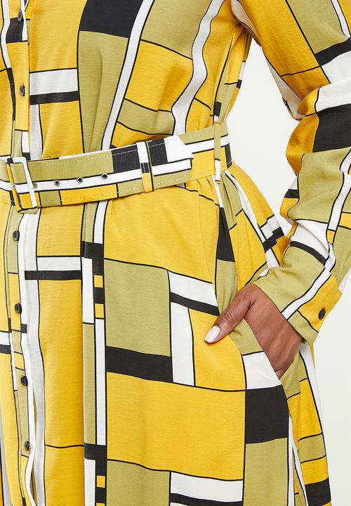 Me&B - Plus belted linen blend dress - mustard & black