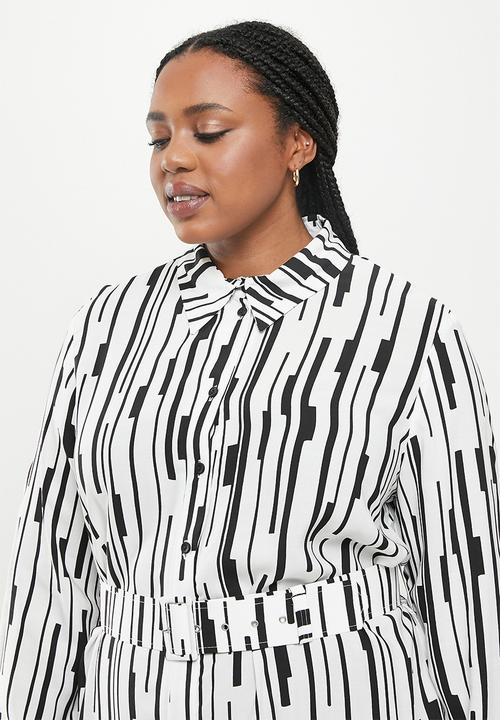 Me&B - Plus belted linen blend dress - black & white 