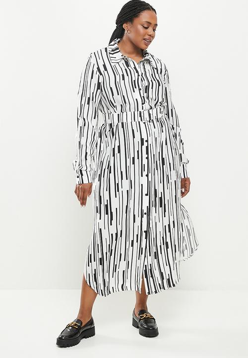 Me&B - Plus belted linen blend dress - black & white 