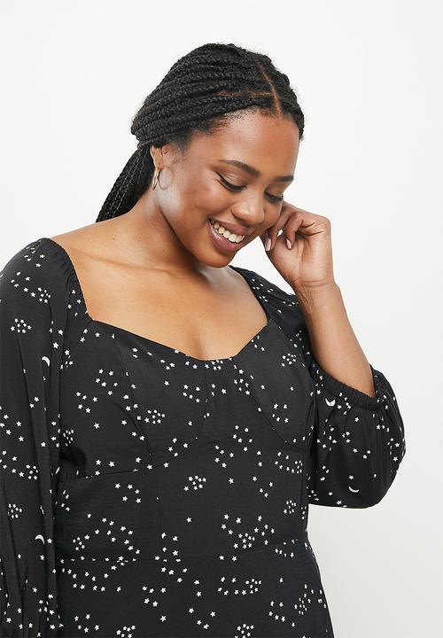 Me&B - Plus star and moon bodice tea dress - black