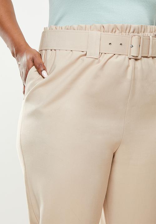 Me&B - Plus elastic easy pant with fabric covered belt - beige 