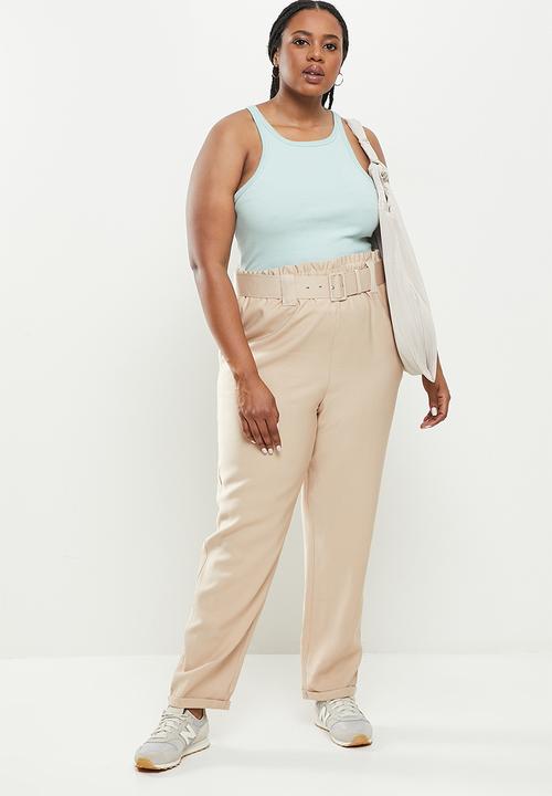 Me&B - Plus elastic easy pant with fabric covered belt - beige 
