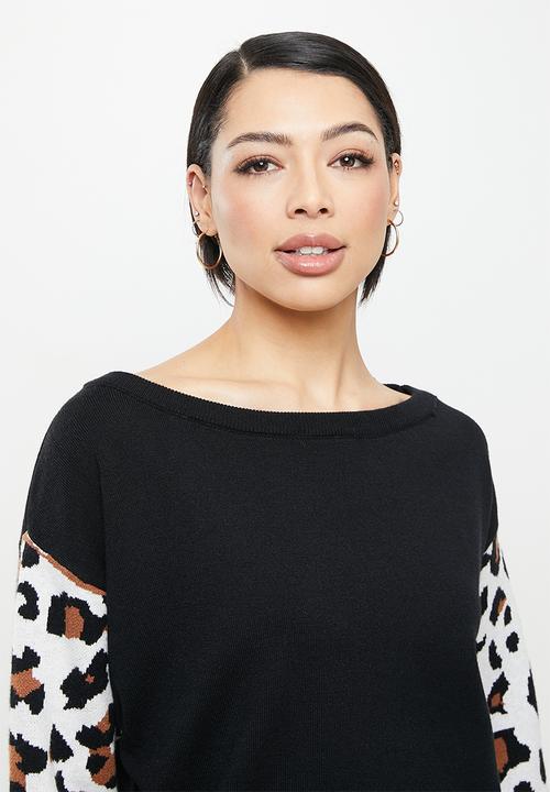 Stella Morgan - Animal printed sleeve knit jersey - black