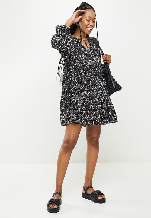 dailyfriday - Long sleeve tiered mini dress - black 