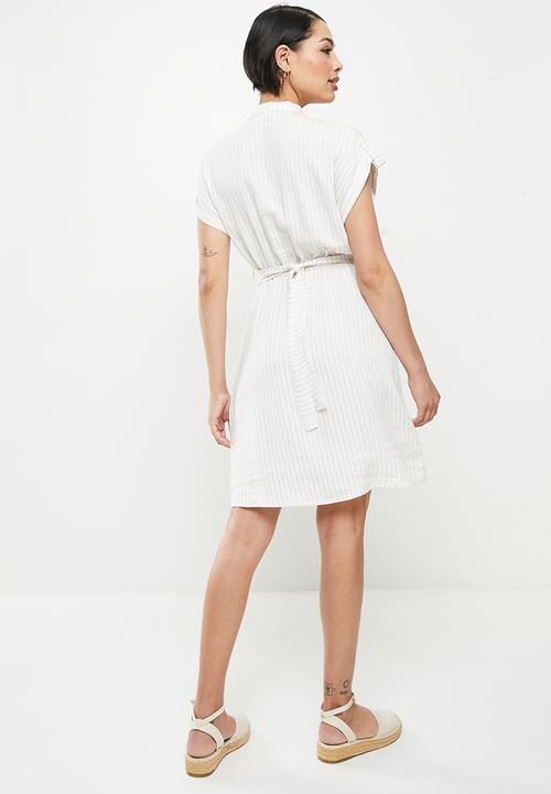 Koton - Mandarin collar short sleeve striped midi dress - beige