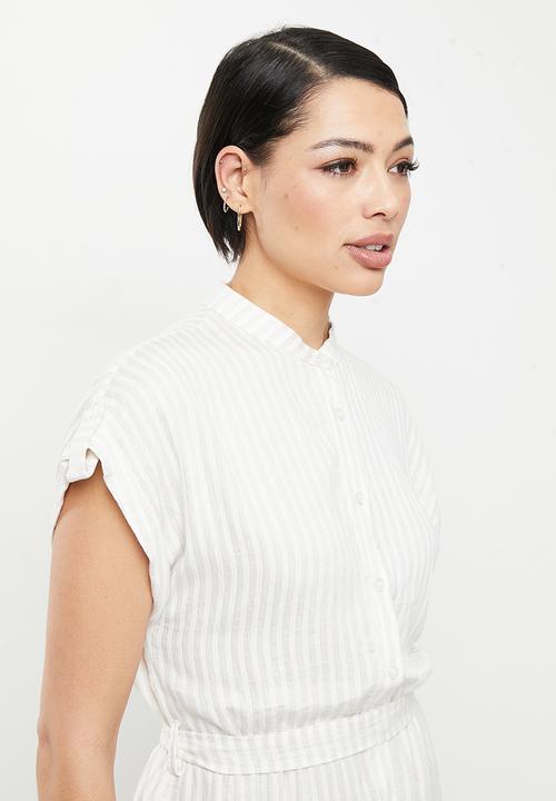Koton - Mandarin collar short sleeve striped midi dress - beige