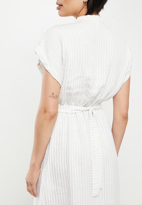 Koton - Mandarin collar short sleeve striped midi dress - beige