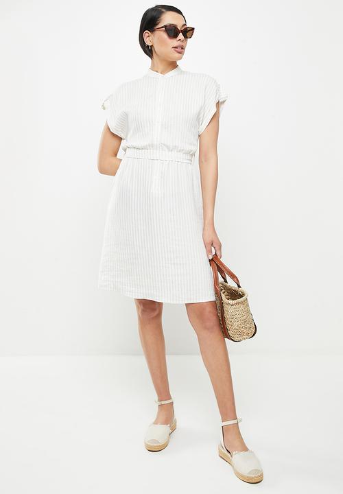 Koton - Mandarin collar short sleeve striped midi dress - beige