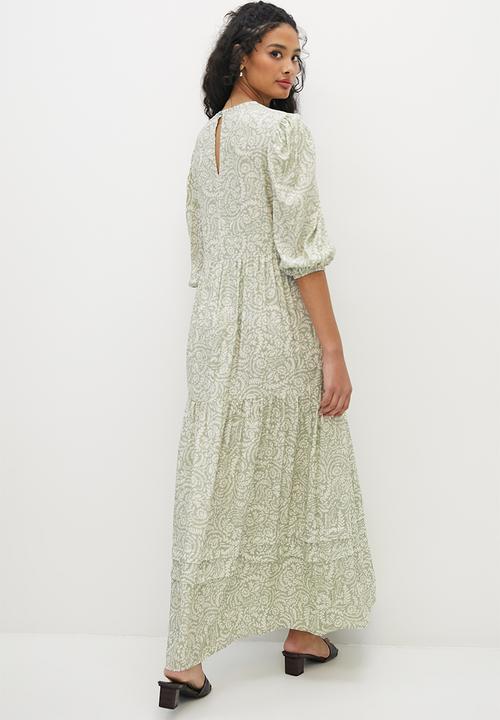edit - Round neck a-line tier maxi - dusty sage mini paisley