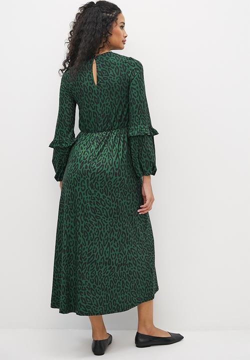 edit - Frilly knit fit & flare midi - bottle green animal