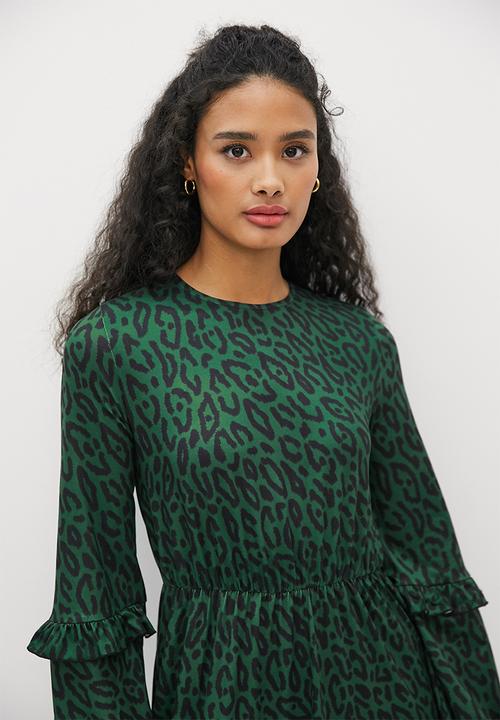 edit - Frilly knit fit & flare midi - bottle green animal