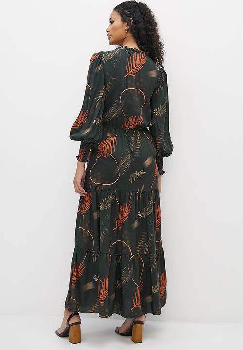 edit - Frill femme tiered maxi dress - abstract dark foliage