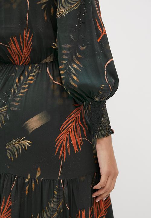 edit - Frill femme tiered maxi dress - abstract dark foliage