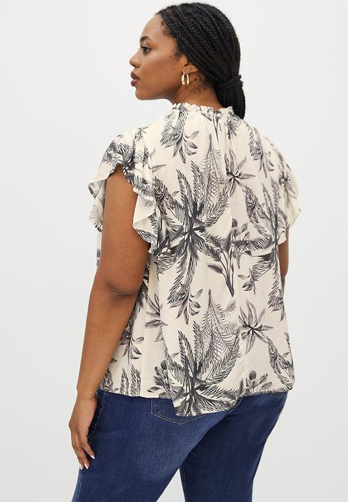 edit Plus - High neck frilly blouse - neutral & black