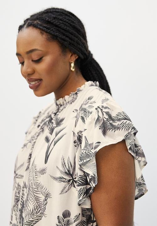 edit Plus - High neck frilly blouse - neutral & black