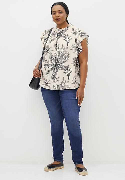 edit Plus - High neck frilly blouse - neutral & black
