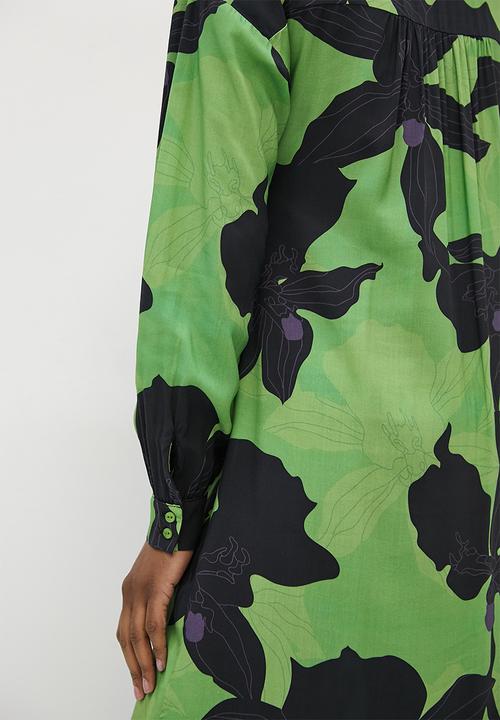 edit - Collumn collar shirt dress - green black bold floral