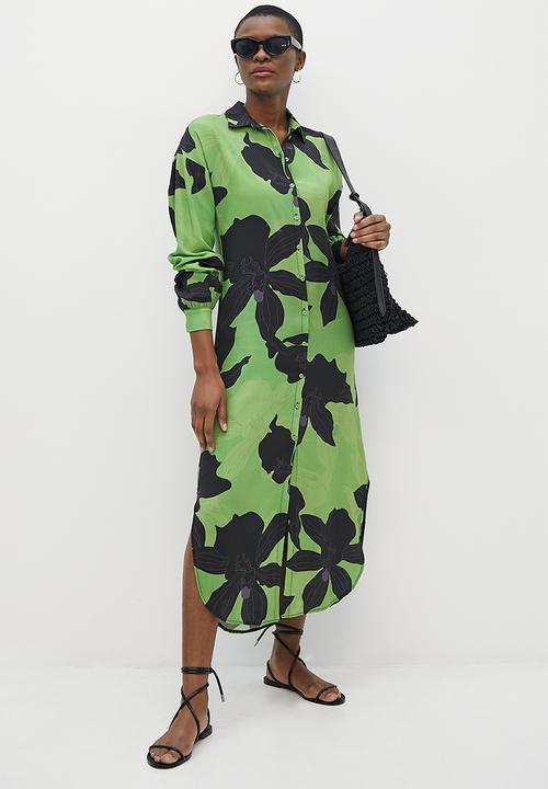 edit - Collumn collar shirt dress - green black bold floral