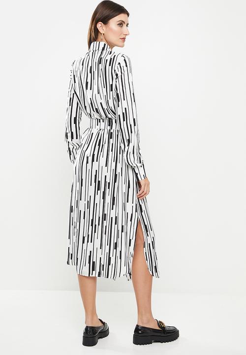 Me&B - Belted linen blend dress - black & white 