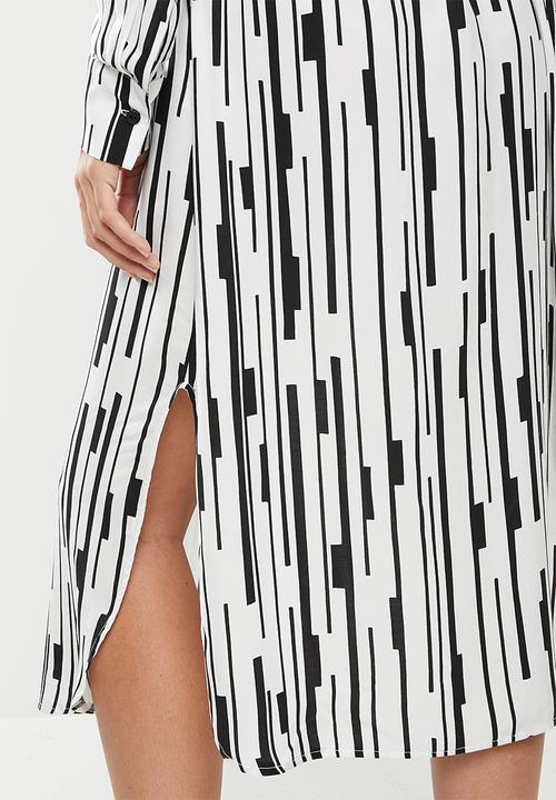 Me&B - Belted linen blend dress - black & white 