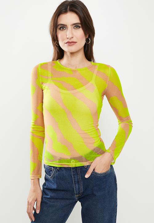 Me&B - Mesh tee top long sleeve - green print