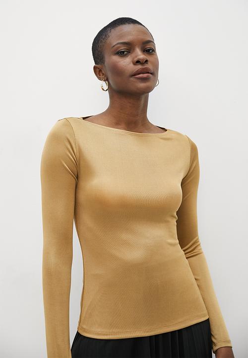 MILLA - Slinky rib slash neck top - camel