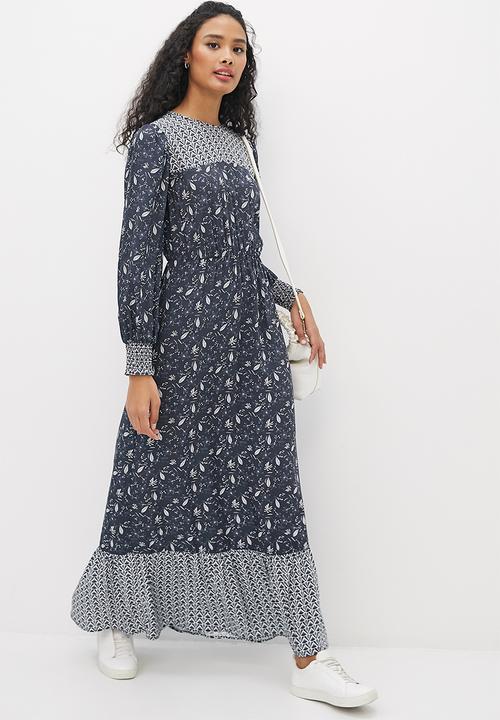 edit - Shirred balloon sleeve femme maxi - indigo mono ditsy