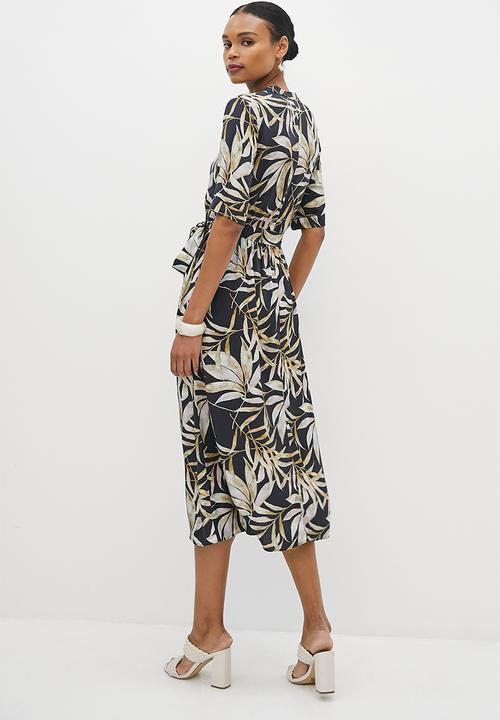 edit - Mandarin collar belted a-line midi - navy & green