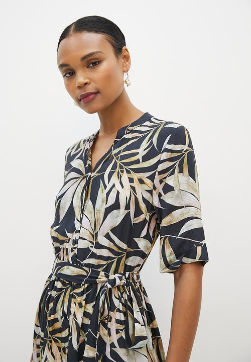 edit - Mandarin collar belted a-line midi - navy & green