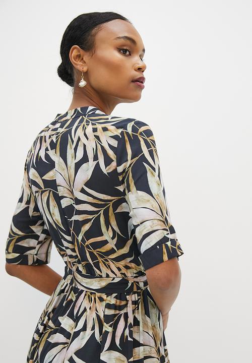 edit - Mandarin collar belted a-line midi - navy & green