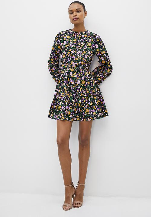 MILLA - Button down fit and flare mini dress - black floral printing