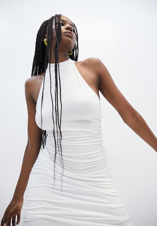 VELVET - Turtle neck knit mini dress with ruching - white