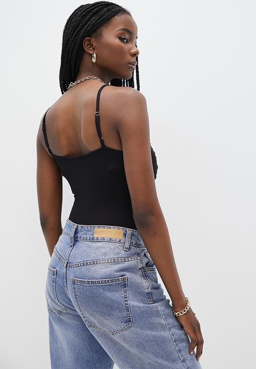 VELVET - Mesh ruching strappy bodysuit - black